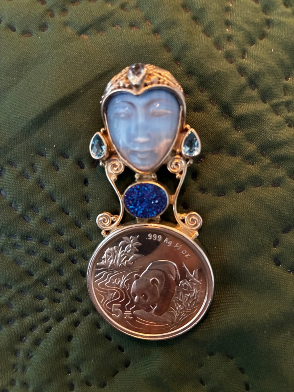 Sajen Large Iridescent Carved Moon Glow Goddess Pendant With Panda Bear Coin